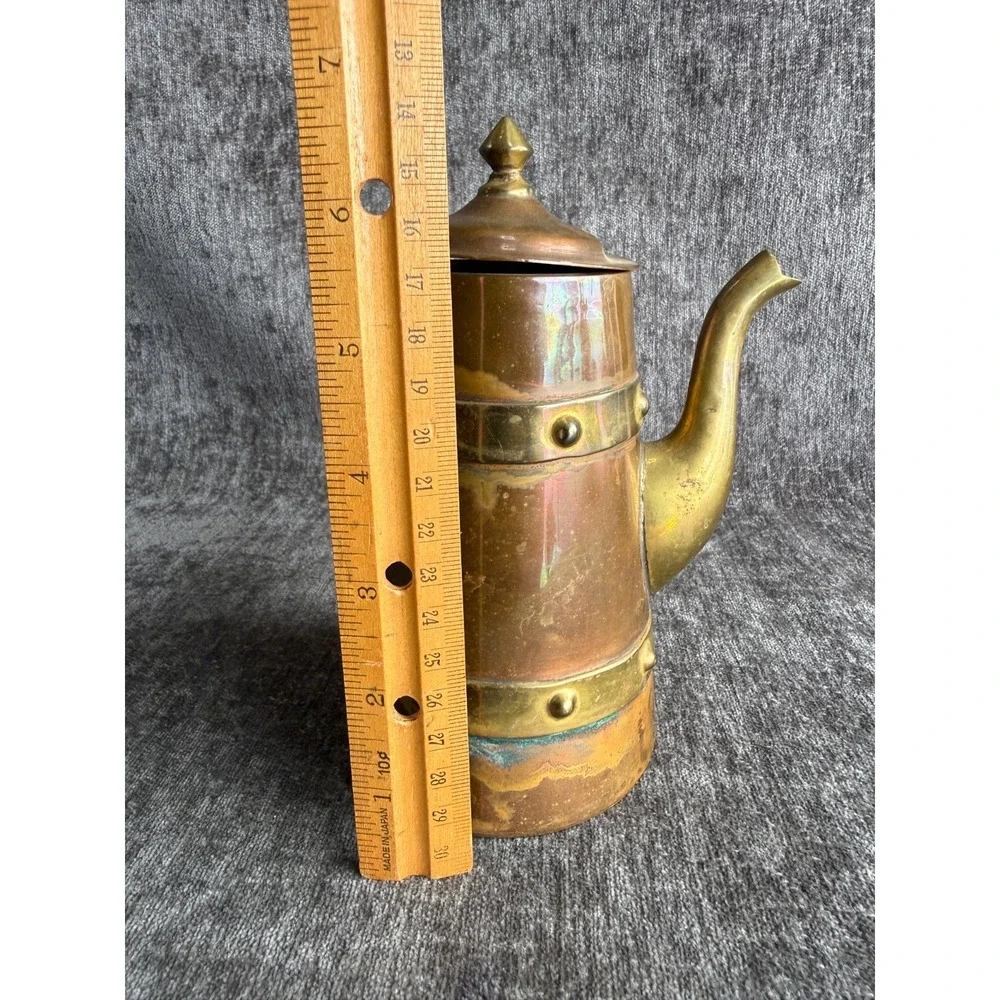 Vintage Handcrafted Mexican Copper Brass Coffee Pot Pitcher Wood Handle 7.5